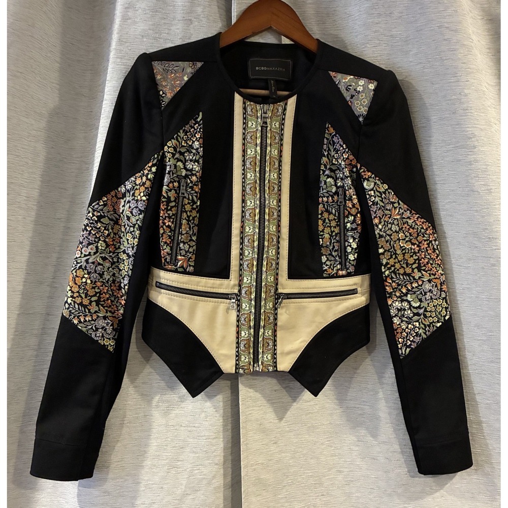 BCBGMaxazria Neil Jacket XS Floral Zip Moto Boho Folk Gypsy Romantic Festival